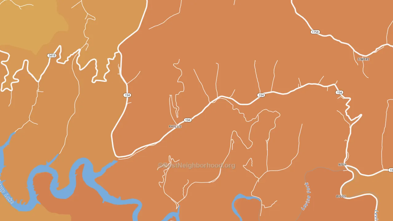 Map of the best neighborhoods in the 41554 area, with better matches in green and worse matches in red