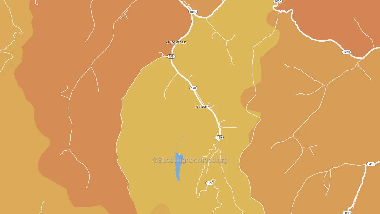 Map of the best neighborhoods in the 41555 area, with better matches in green and worse matches in red