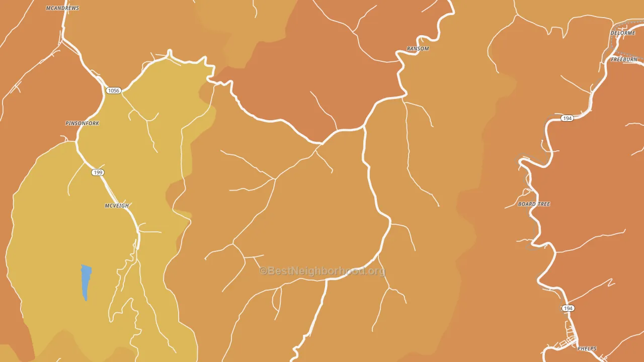 Map of the best neighborhoods in the 41558 area, with better matches in green and worse matches in red