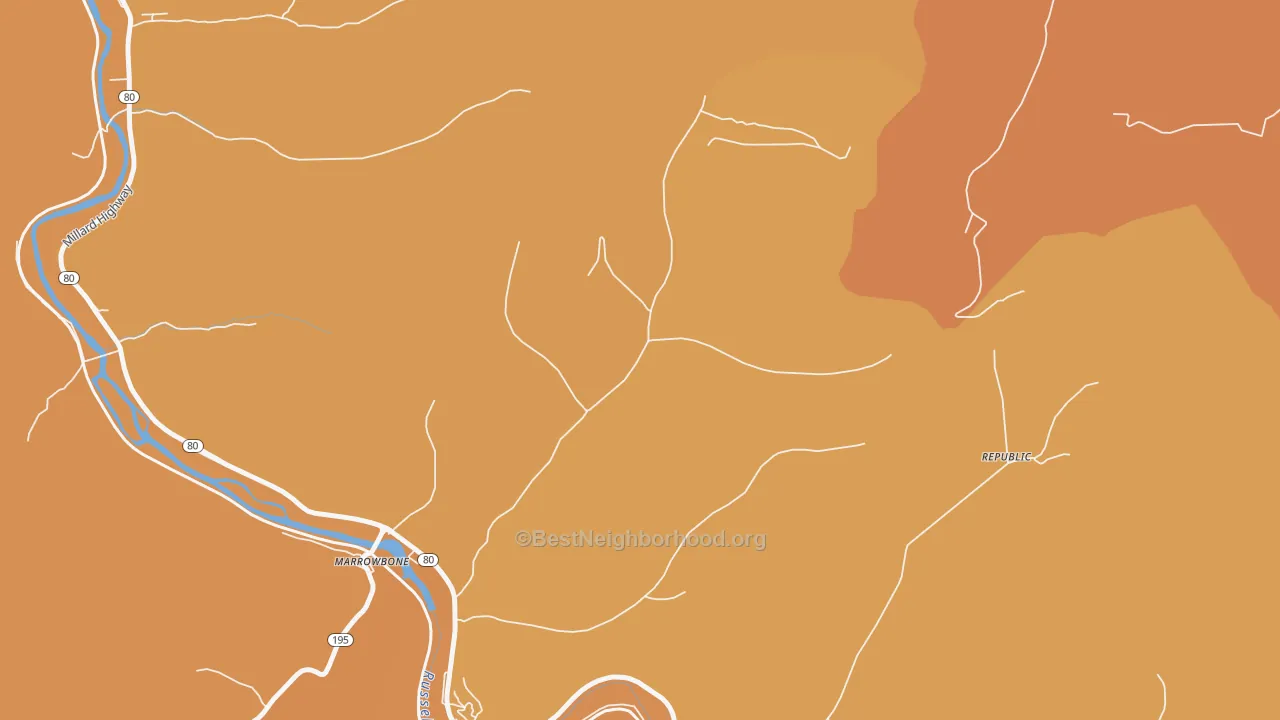Map of the best neighborhoods in the 41559 area, with better matches in green and worse matches in red