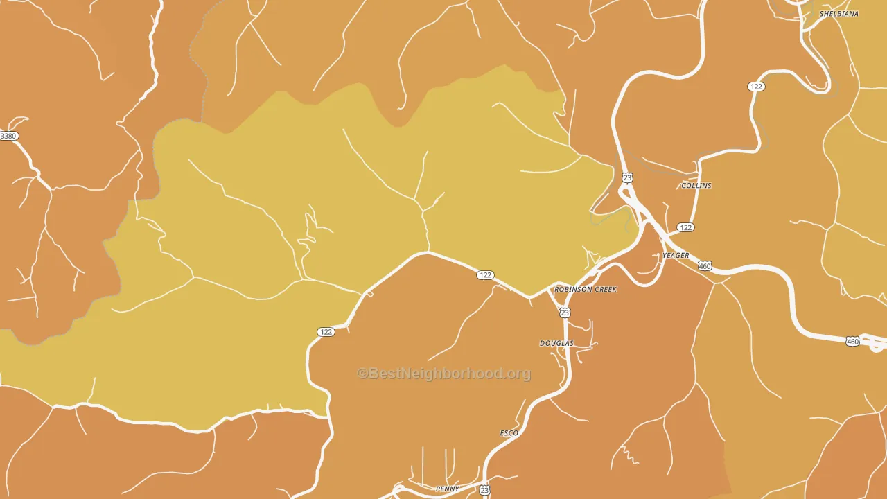 Map of the best neighborhoods in the 41560 area, with better matches in green and worse matches in red