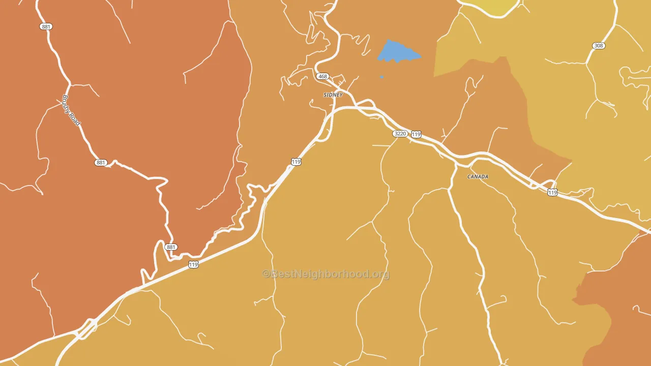 Map of the best neighborhoods in the 41564 area, with better matches in green and worse matches in red