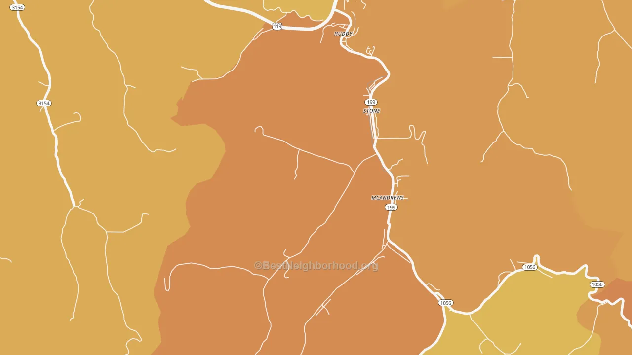 Map of the best neighborhoods in the 41567 area, with better matches in green and worse matches in red
