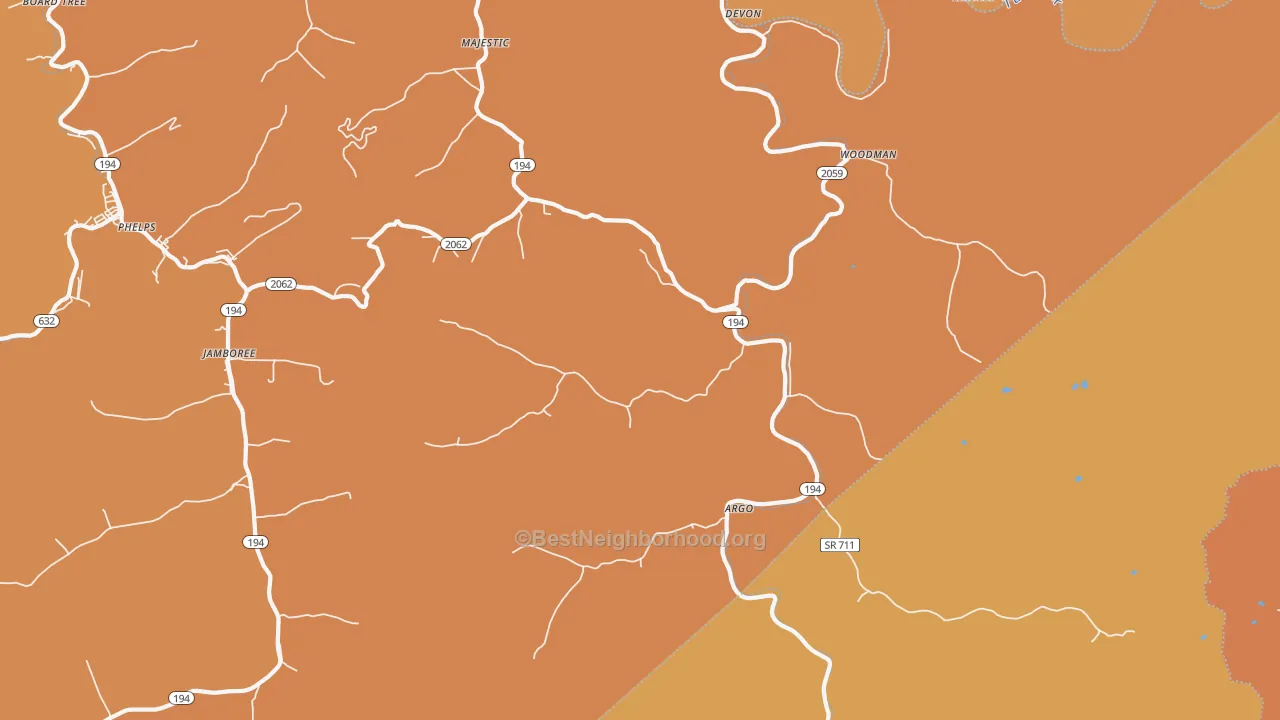 Map of the best neighborhoods in the 41568 area, with better matches in green and worse matches in red