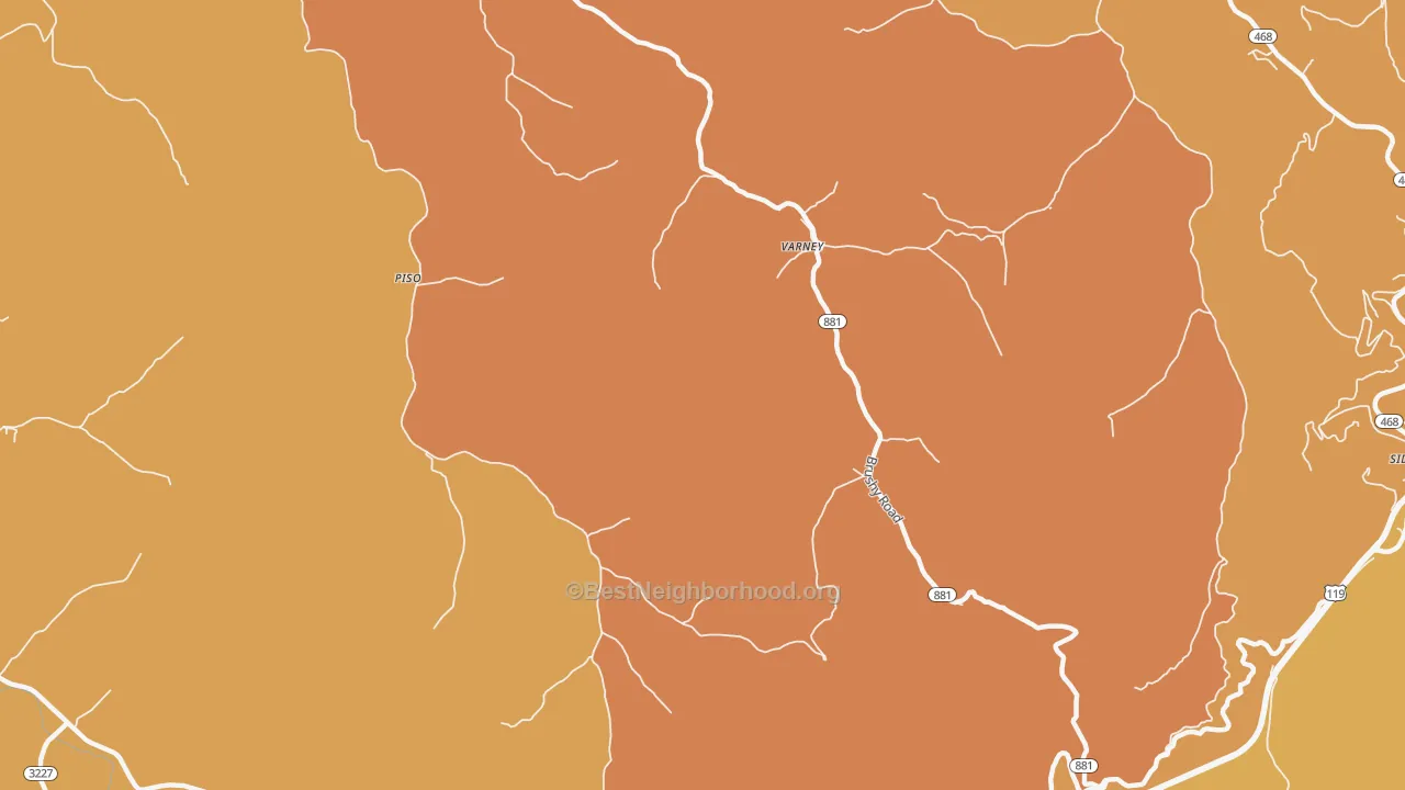 Map of the best neighborhoods in the 41571 area, with better matches in green and worse matches in red