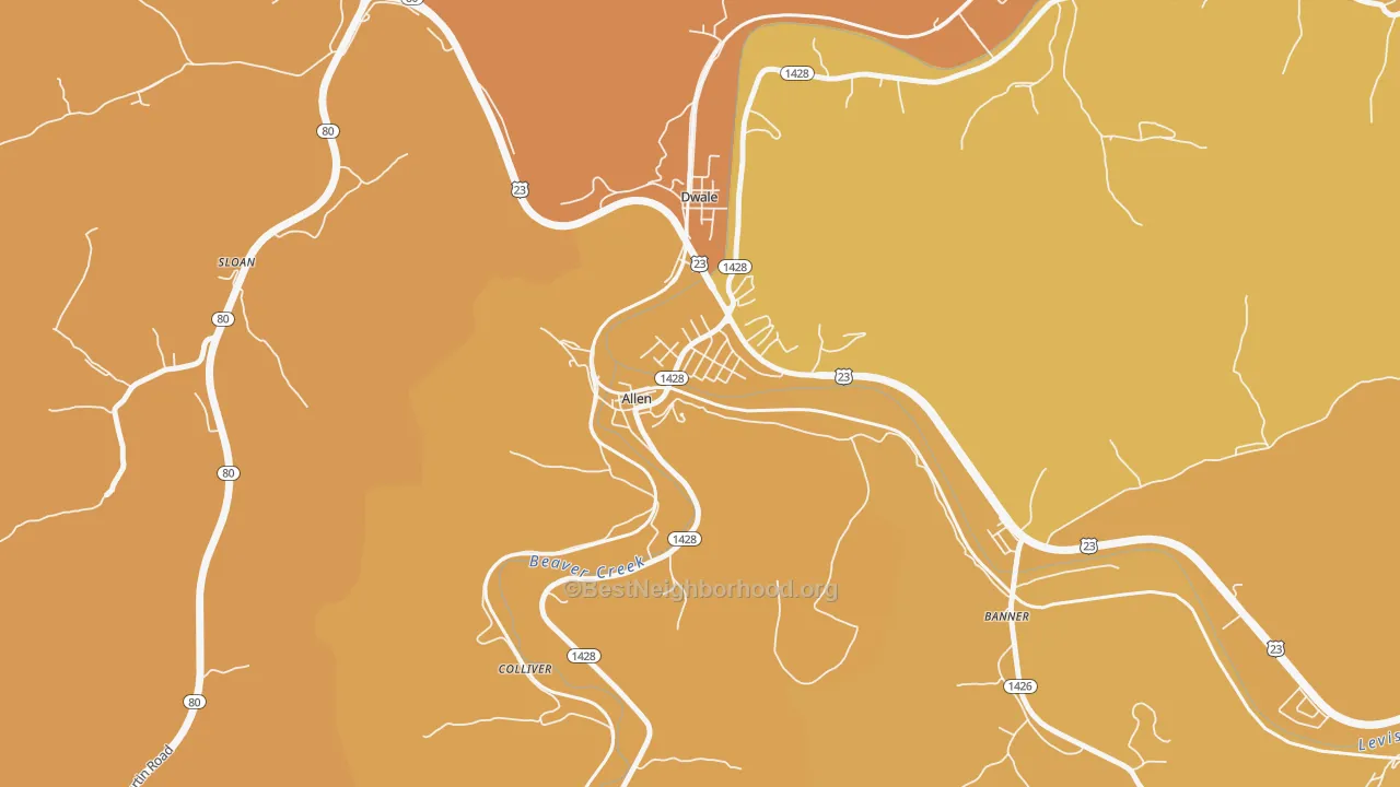 Map of the best neighborhoods in the 41601 area, with better matches in green and worse matches in red