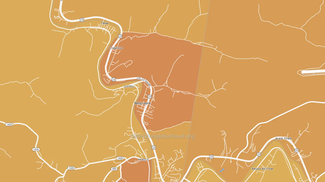 Map of the best neighborhoods in the 41605 area, with better matches in green and worse matches in red