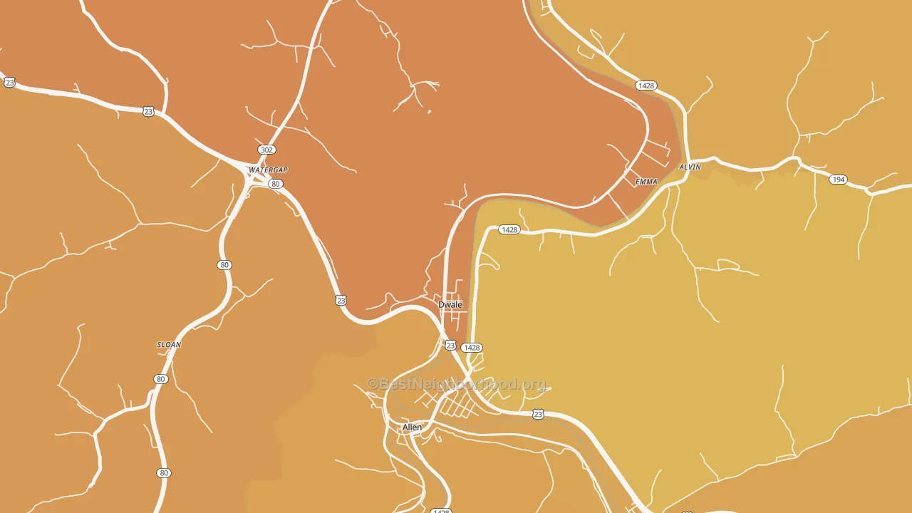 Map of the best neighborhoods in the 41621 area, with better matches in green and worse matches in red
