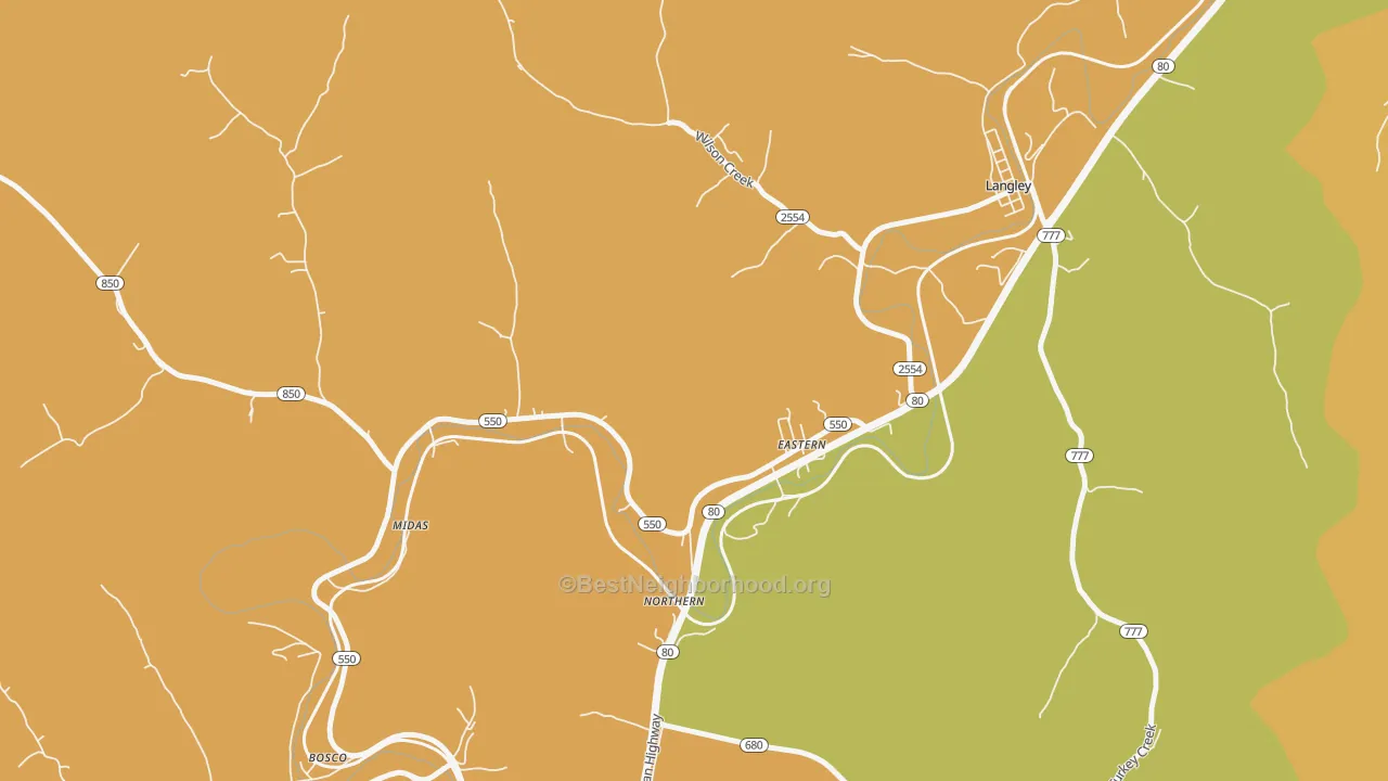 Map of the best neighborhoods in the 41622 area, with better matches in green and worse matches in red