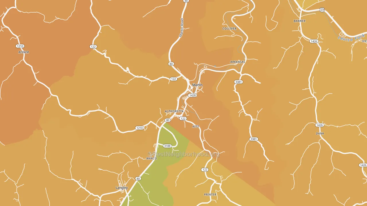 Map of the best neighborhoods in the 41649 area, with better matches in green and worse matches in red