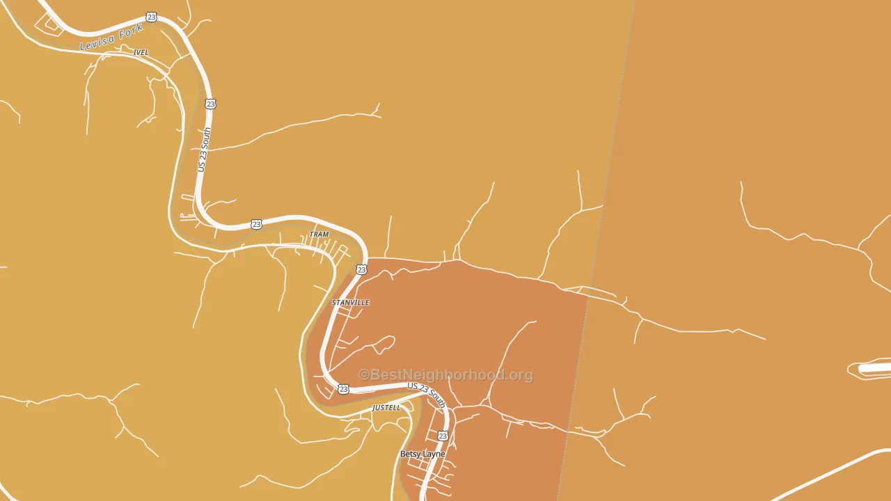 Map of the best neighborhoods in the 41659 area, with better matches in green and worse matches in red