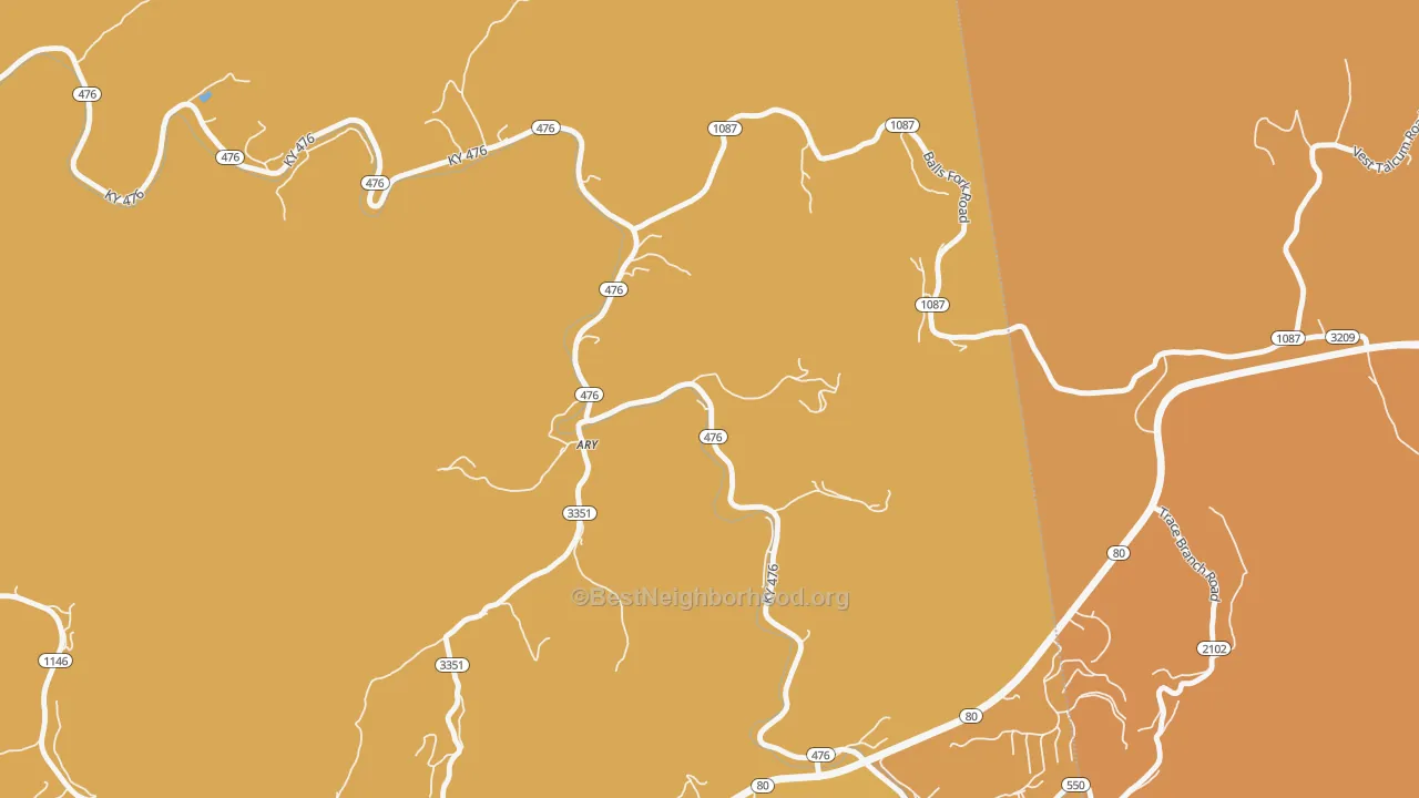 Map of the best neighborhoods in the 41712 area, with better matches in green and worse matches in red