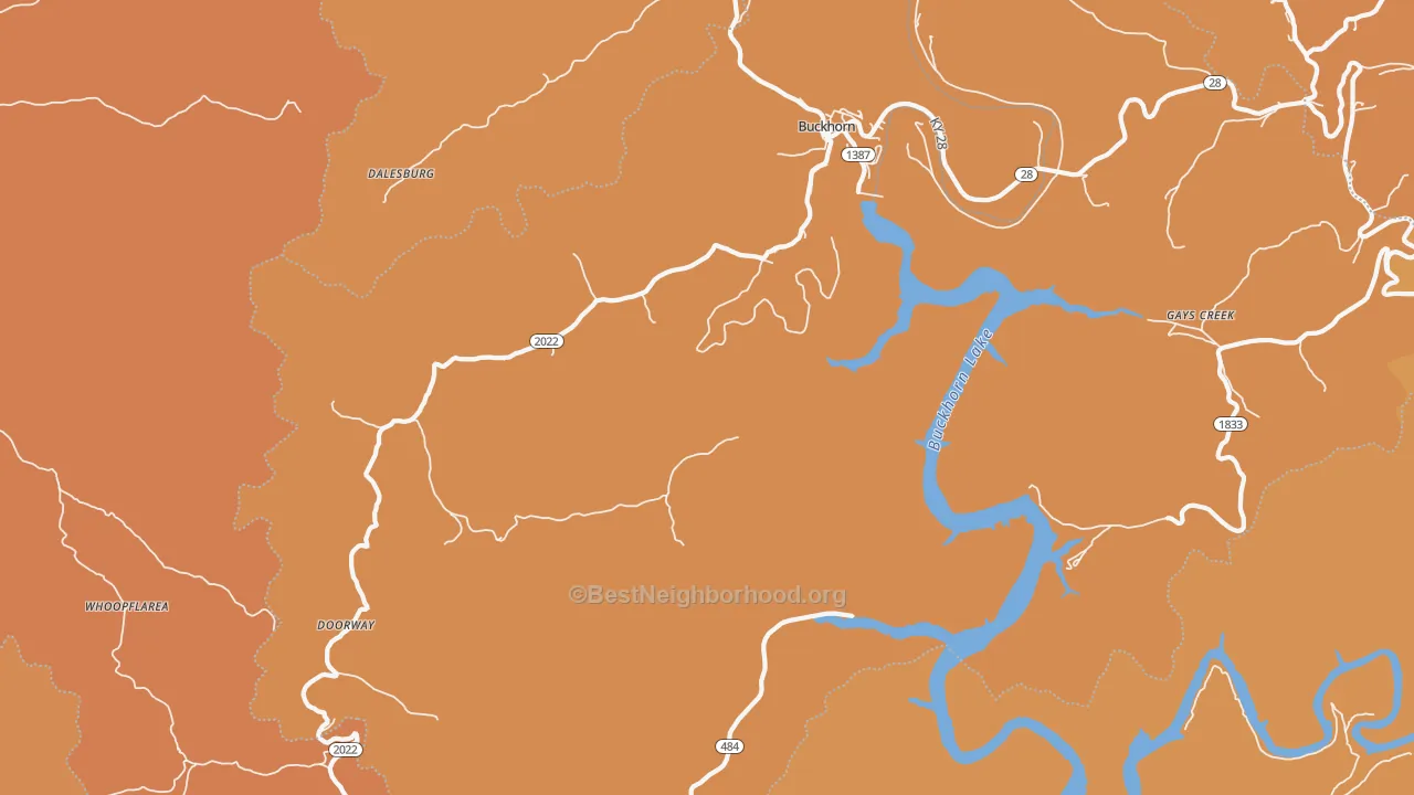 Map of the best neighborhoods in the 41721 area, with better matches in green and worse matches in red
