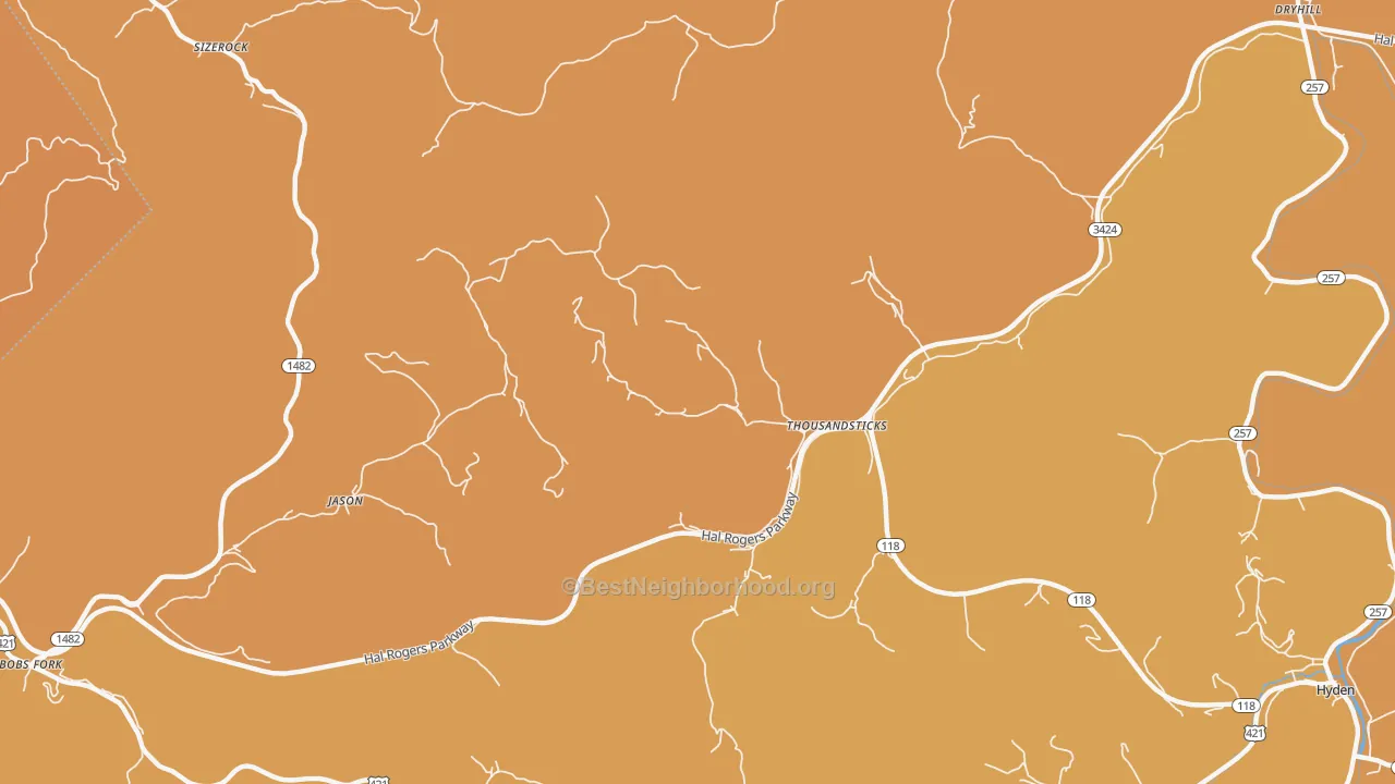 Map of the best neighborhoods in the 41766 area, with better matches in green and worse matches in red