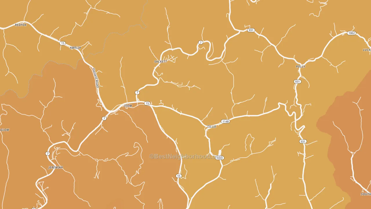 Map of the best neighborhoods in the 41824 area, with better matches in green and worse matches in red