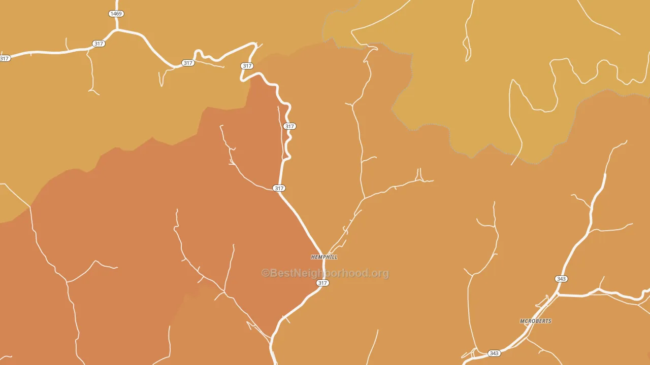 Map of the best neighborhoods in the 41825 area, with better matches in green and worse matches in red
