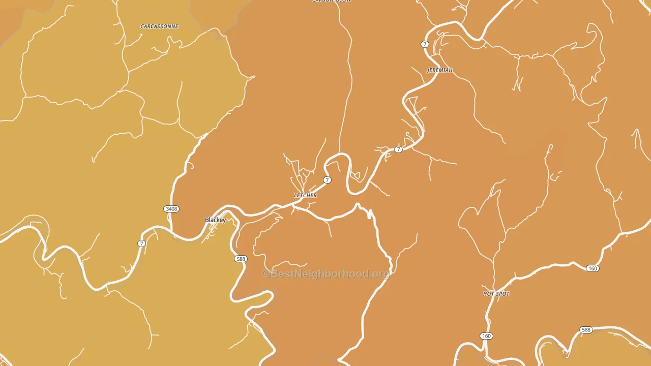 Map of the best neighborhoods in the 41832 area, with better matches in green and worse matches in red