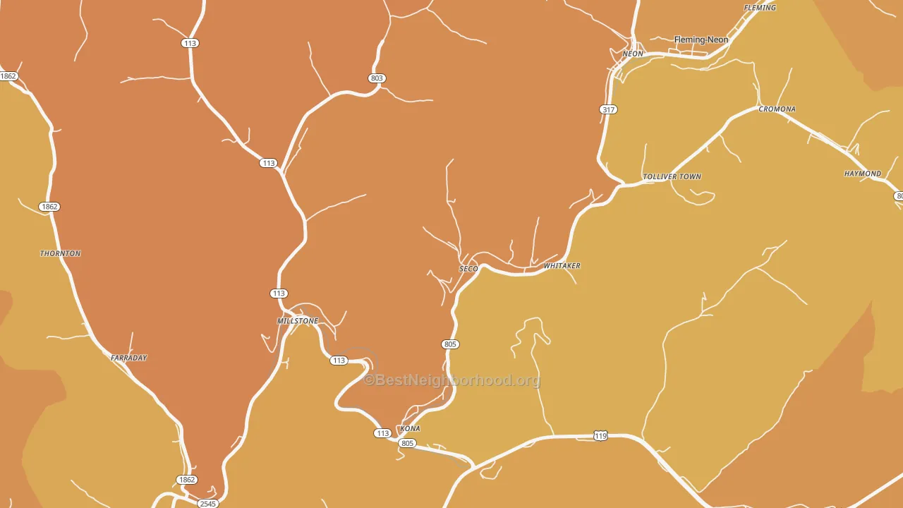 Map of the best neighborhoods in the 41849 area, with better matches in green and worse matches in red