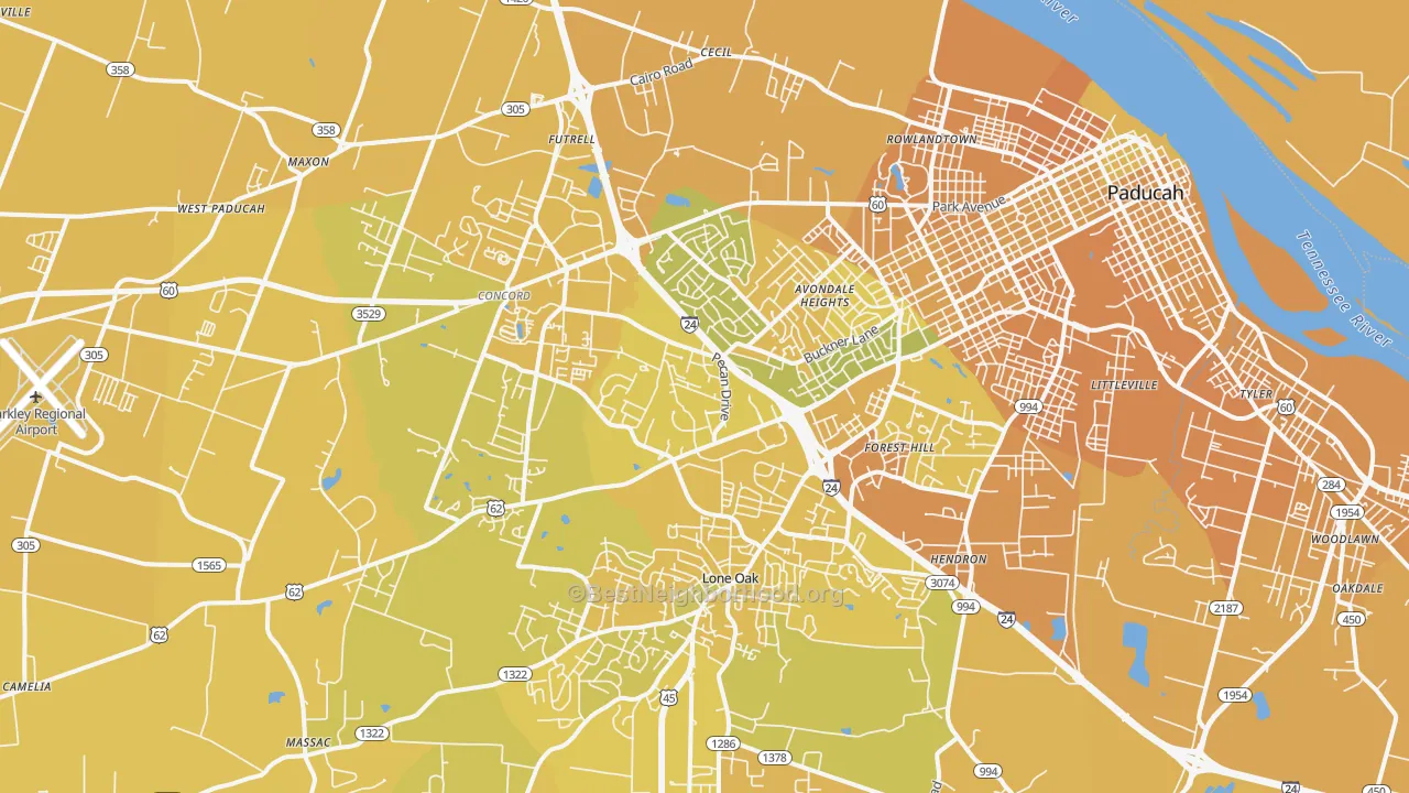 Map of the best neighborhoods in the 42001 area, with better matches in green and worse matches in red