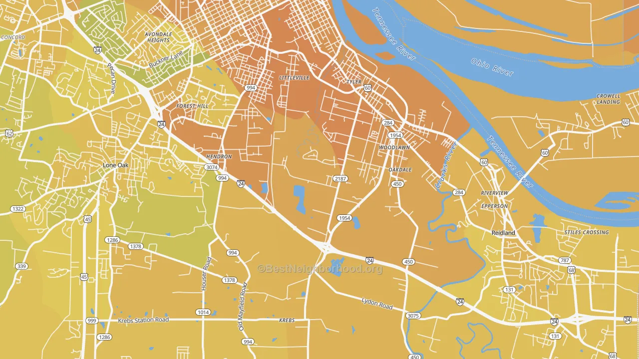 Map of the best neighborhoods in the 42003 area, with better matches in green and worse matches in red