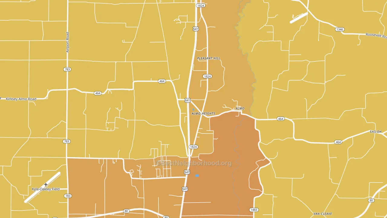 Map of the best neighborhoods in the 42020 area, with better matches in green and worse matches in red