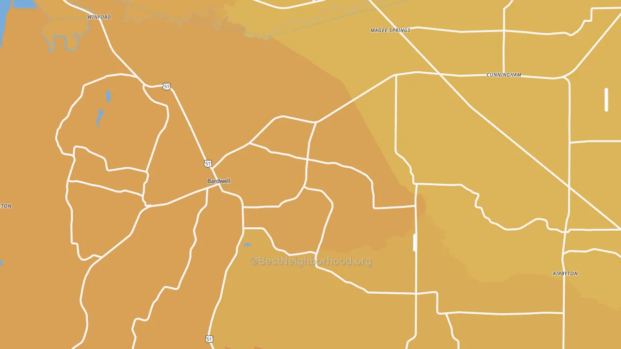Map of the best neighborhoods in the 42023 area, with better matches in green and worse matches in red