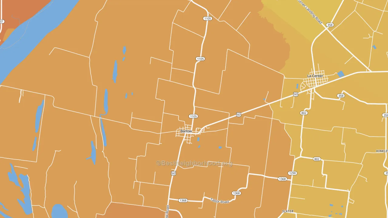 Map of the best neighborhoods in the 42024 area, with better matches in green and worse matches in red
