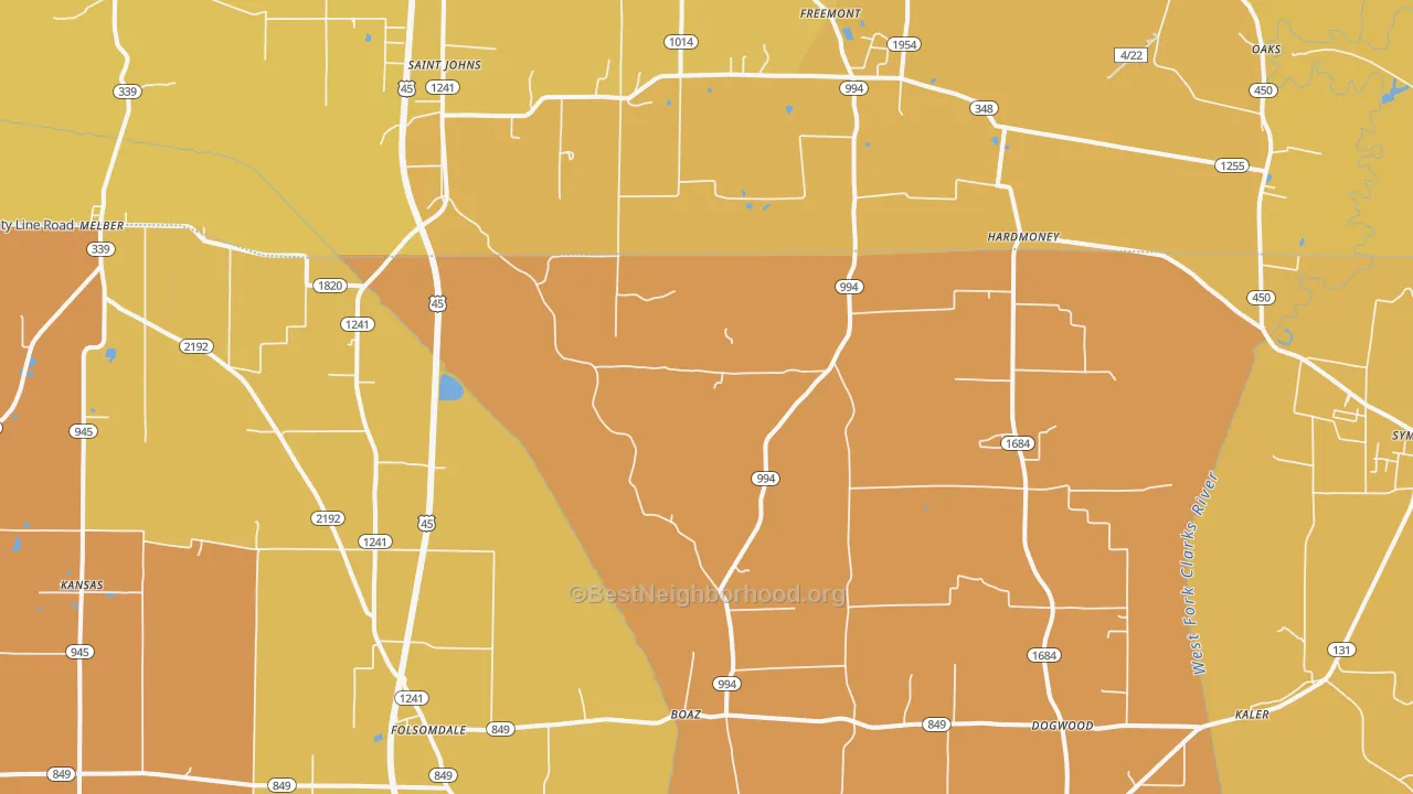 Map of the best neighborhoods in the 42027 area, with better matches in green and worse matches in red