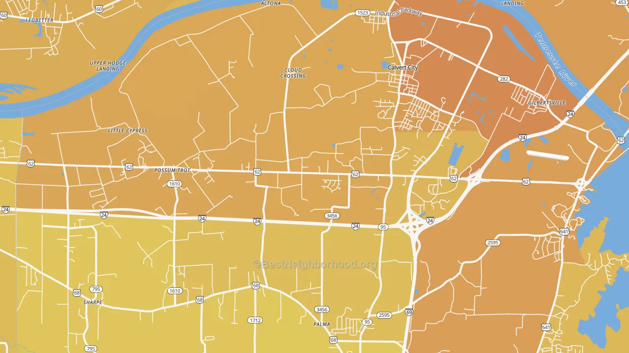 Map of the best neighborhoods in the 42029 area, with better matches in green and worse matches in red