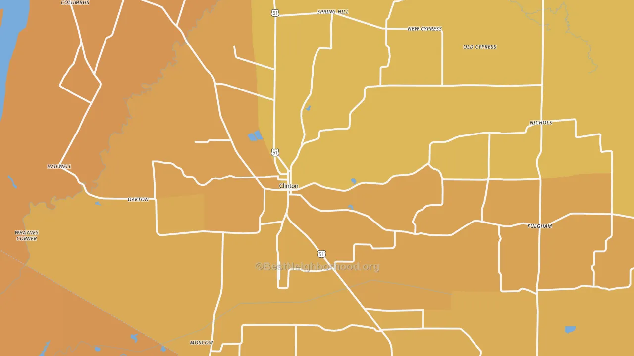 Map of the best neighborhoods in the 42031 area, with better matches in green and worse matches in red