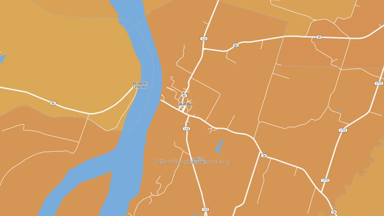 Map of the best neighborhoods in the 42032 area, with better matches in green and worse matches in red