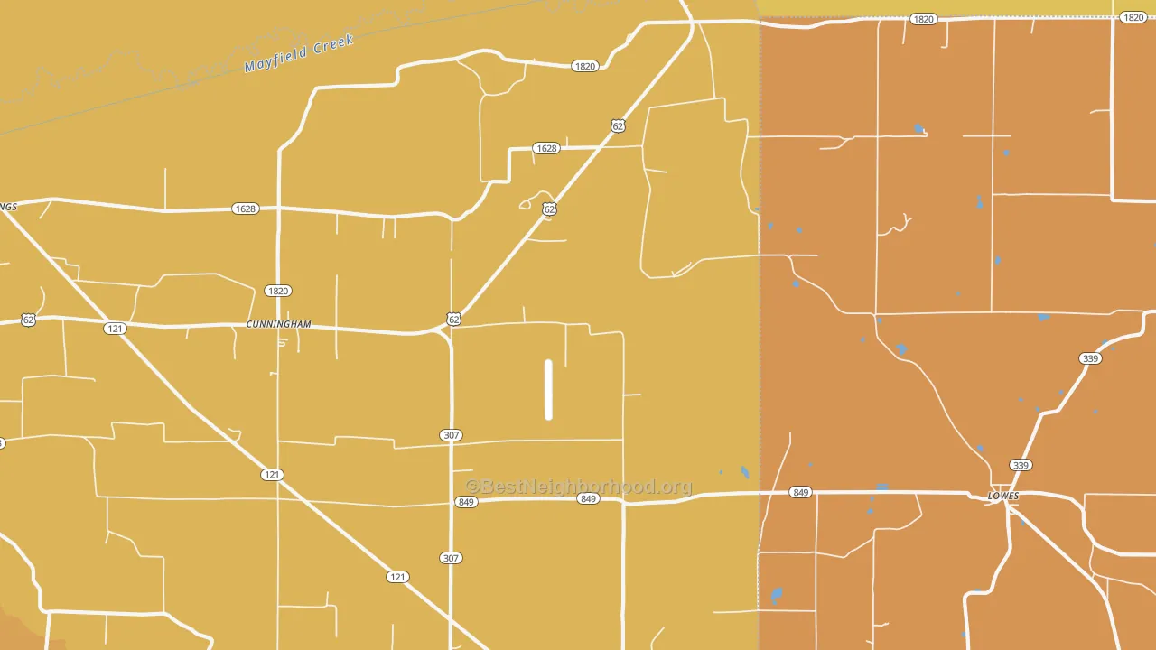 Map of the best neighborhoods in the 42035 area, with better matches in green and worse matches in red
