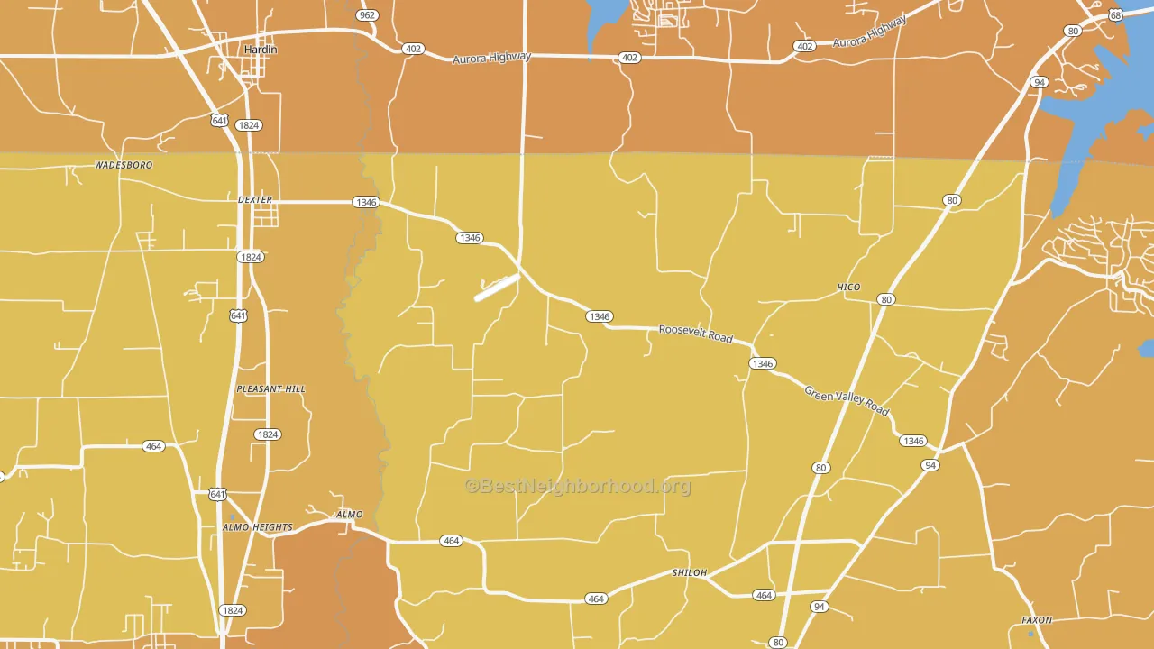 Map of the best neighborhoods in the 42036 area, with better matches in green and worse matches in red