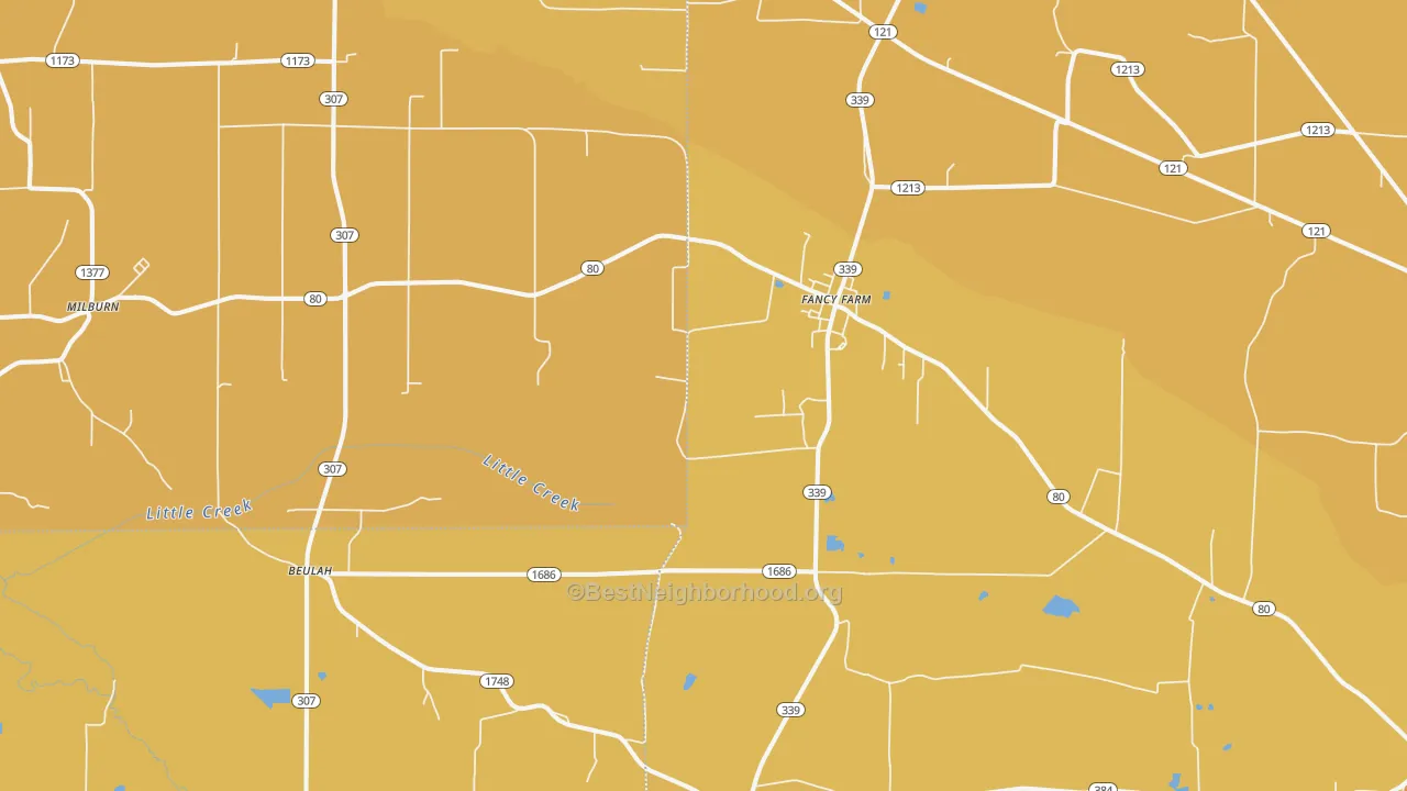 Map of the best neighborhoods in the 42039 area, with better matches in green and worse matches in red