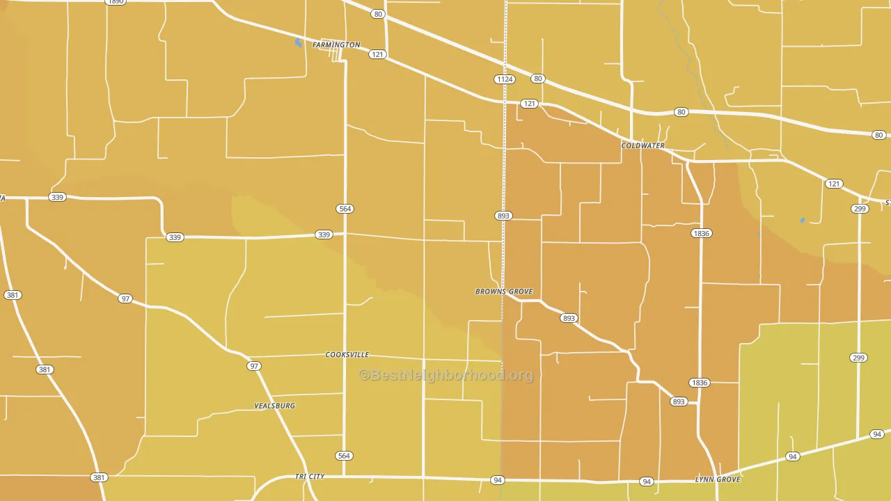 Map of the best neighborhoods in the 42040 area, with better matches in green and worse matches in red