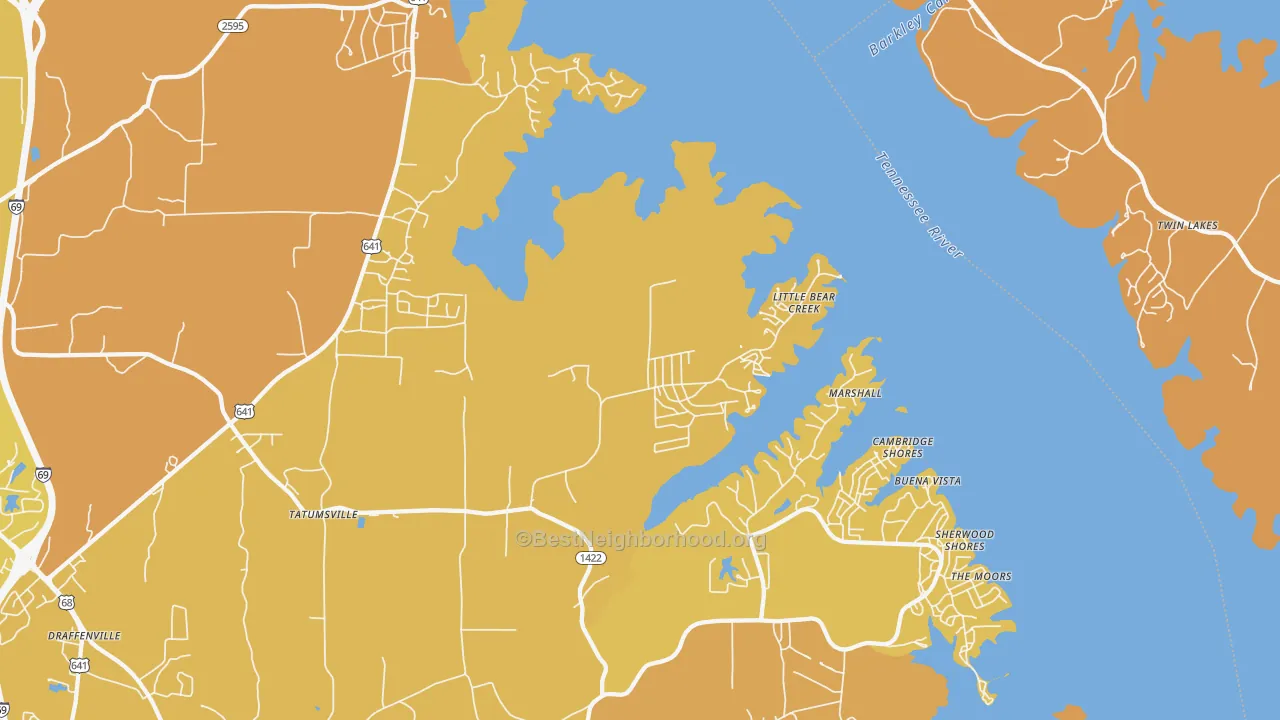 Map of the best neighborhoods in the 42044 area, with better matches in green and worse matches in red