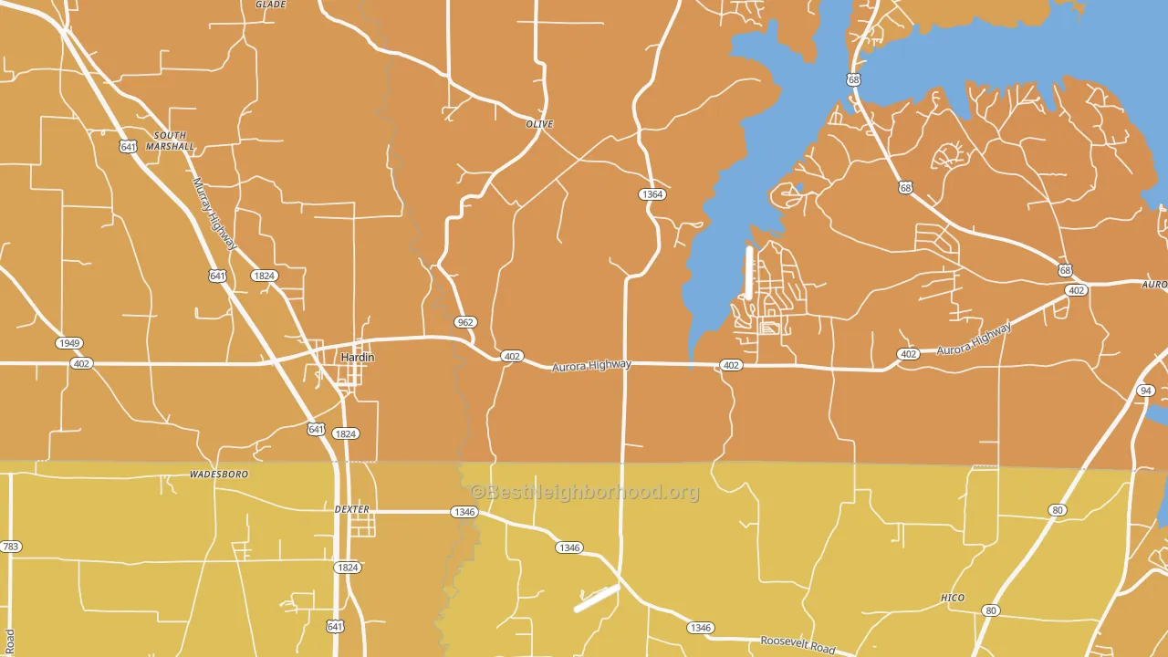 Map of the best neighborhoods in the 42048 area, with better matches in green and worse matches in red