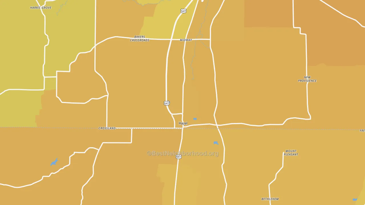 Map of the best neighborhoods in the 42049 area, with better matches in green and worse matches in red