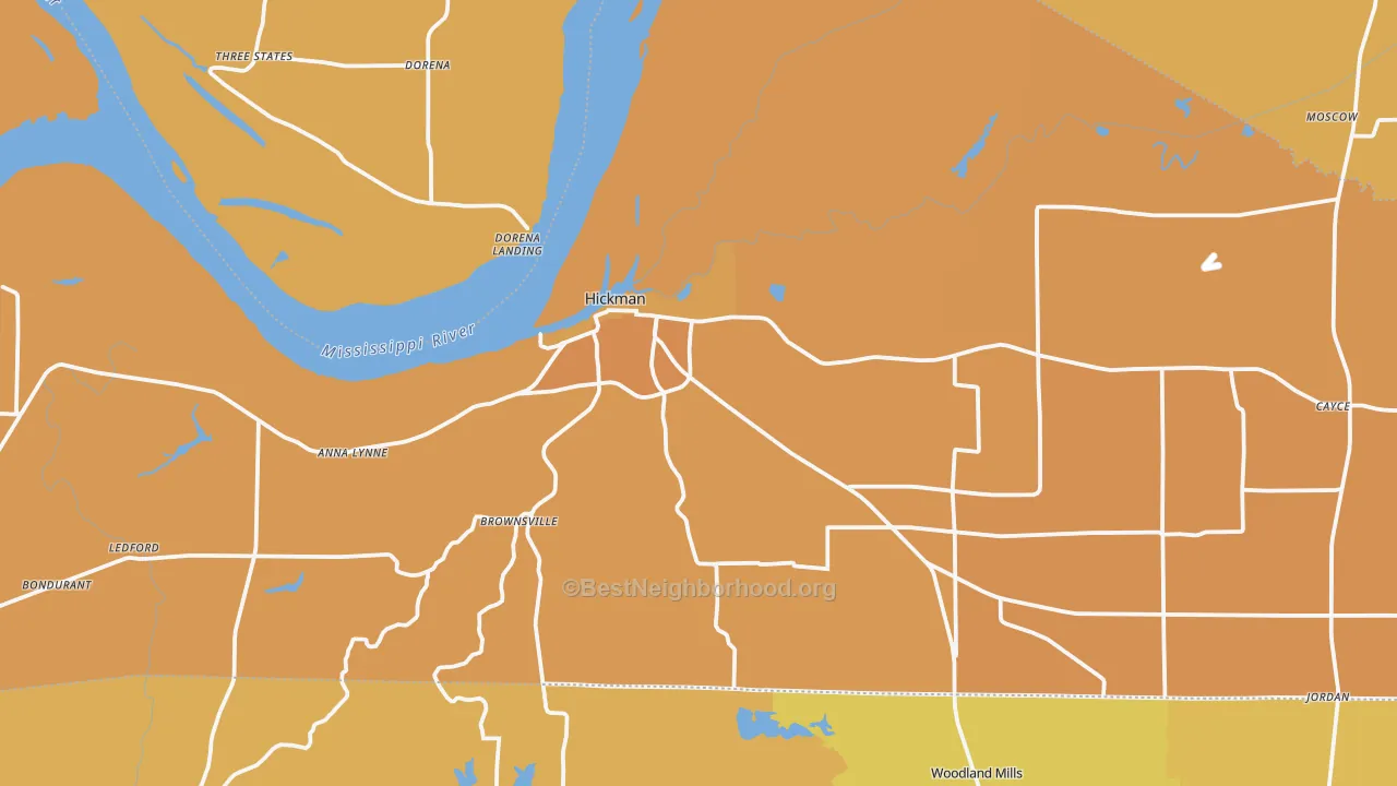 Map of the best neighborhoods in the 42050 area, with better matches in green and worse matches in red