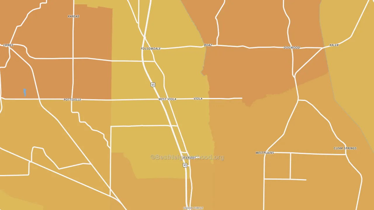 Map of the best neighborhoods in the 42051 area, with better matches in green and worse matches in red