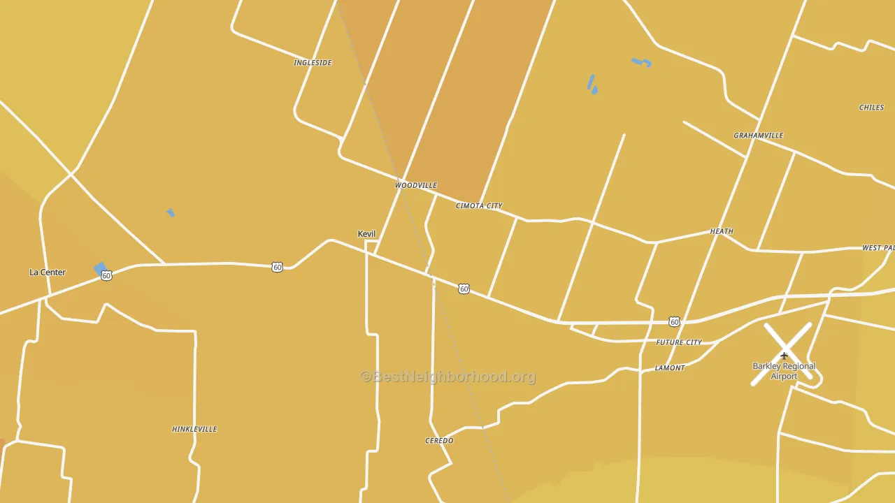 Map of the best neighborhoods in the 42053 area, with better matches in green and worse matches in red