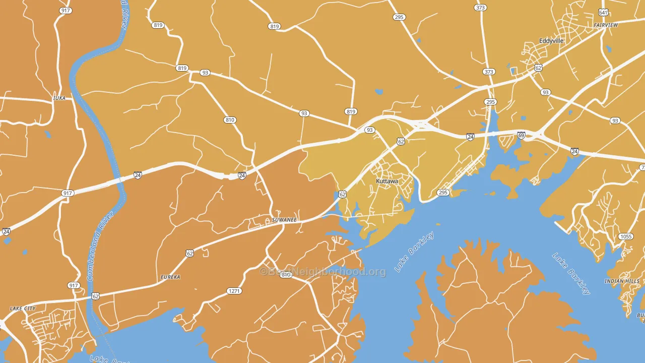 Map of the best neighborhoods in the 42055 area, with better matches in green and worse matches in red