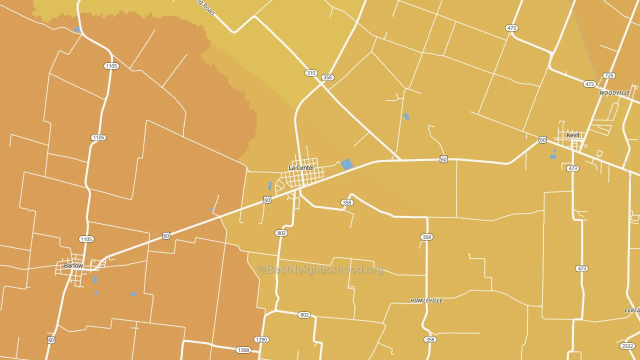 Map of the best neighborhoods in the 42056 area, with better matches in green and worse matches in red