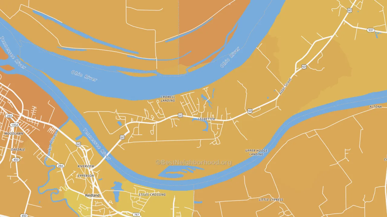 Map of the best neighborhoods in the 42058 area, with better matches in green and worse matches in red