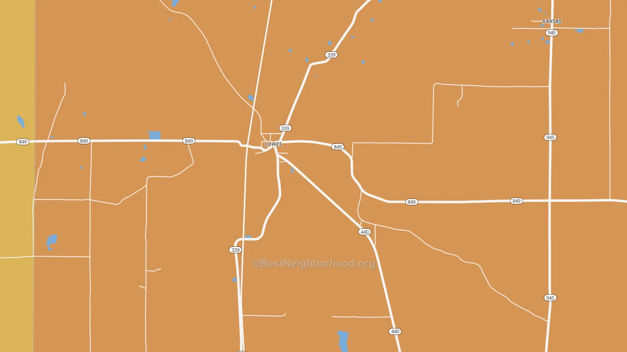 Map of the best neighborhoods in the 42061 area, with better matches in green and worse matches in red