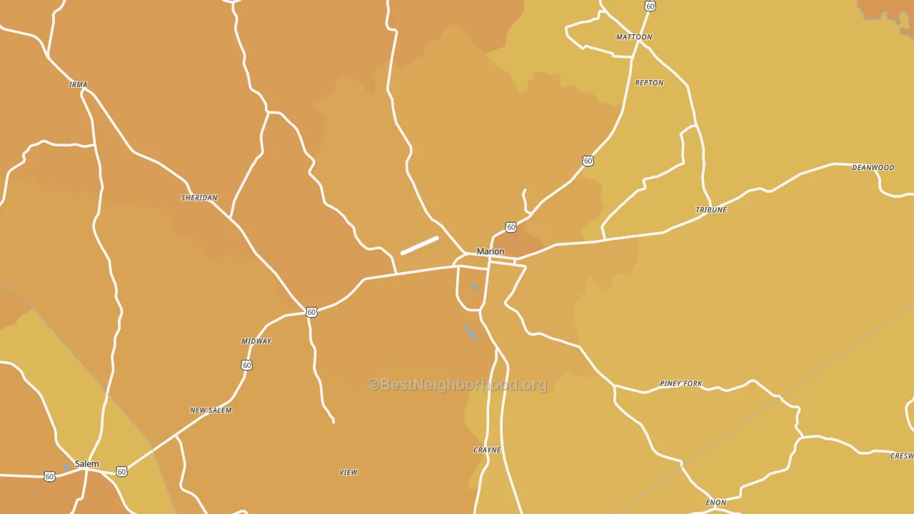 Map of the best neighborhoods in the 42064 area, with better matches in green and worse matches in red