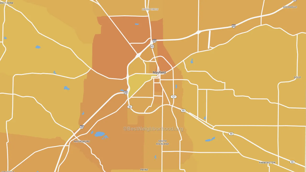 Map of the best neighborhoods in the 42066 area, with better matches in green and worse matches in red