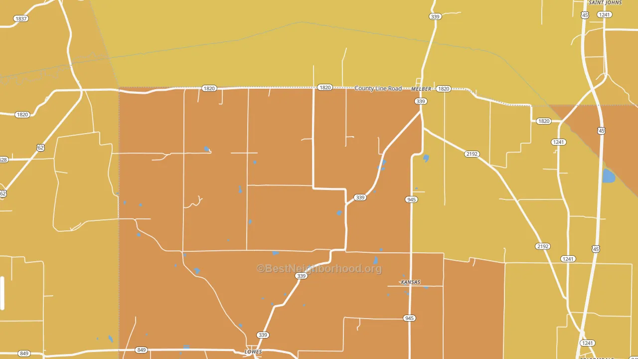 Map of the best neighborhoods in the 42069 area, with better matches in green and worse matches in red