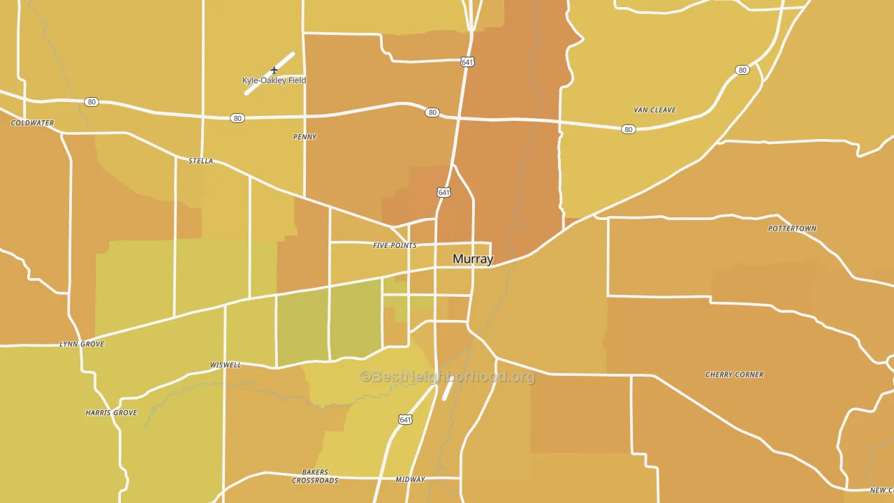 Map of the best neighborhoods in the 42071 area, with better matches in green and worse matches in red