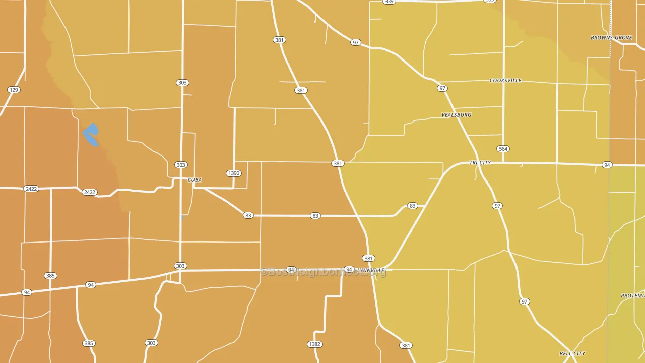 Map of the best neighborhoods in the 42079 area, with better matches in green and worse matches in red